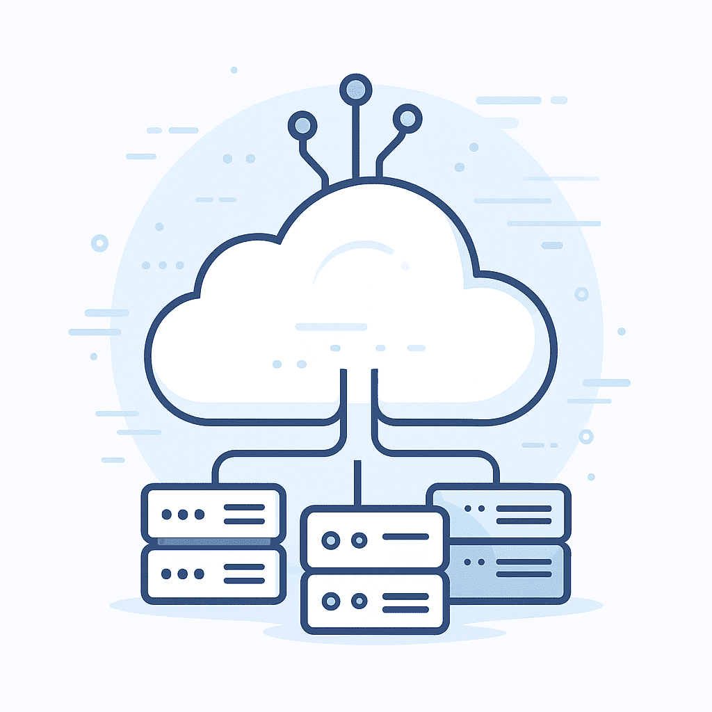 Illustration of a cloud connected to servers and network lines, representing scalable cloud infrastructure and performance