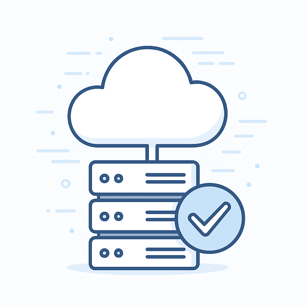 Illustration of a cloud connected to server stacks with a checkmark, representing reliable hosting and support